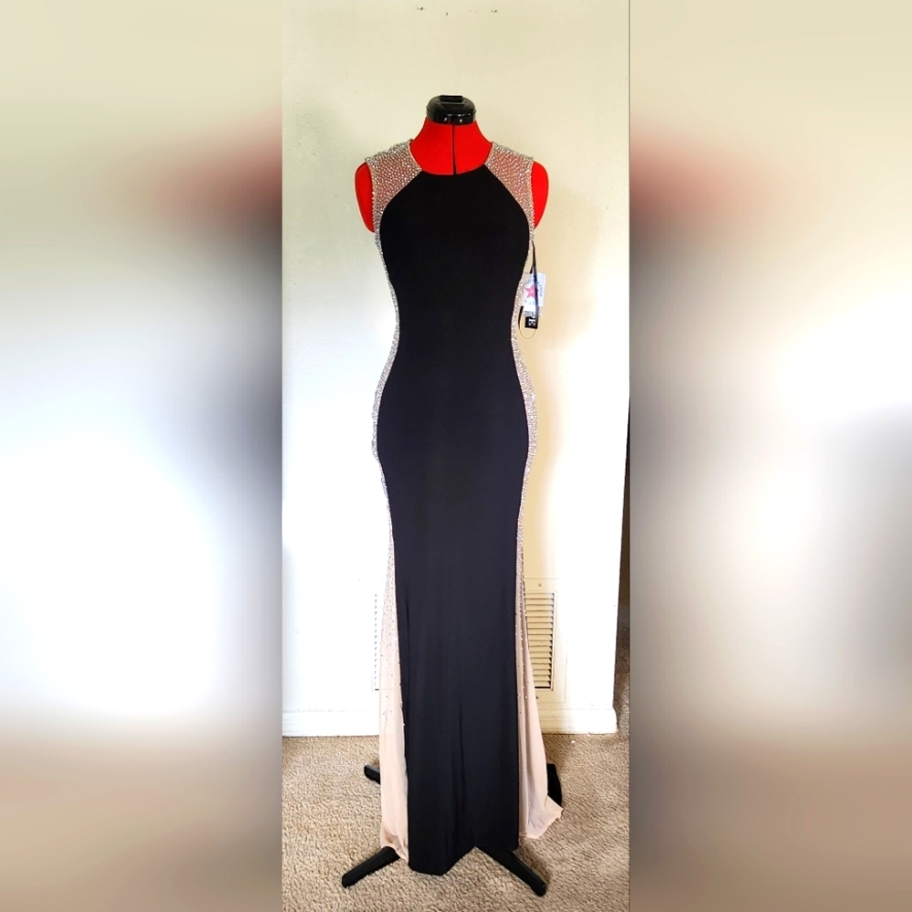 Elegant Black and Beige Gown with Rhinestone Accents